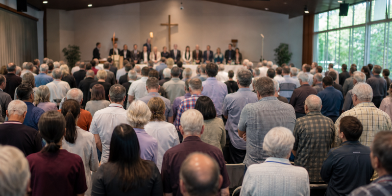 Assembleia cristã protestante reunida em auditório durante encontro institucional em Florianópolis
