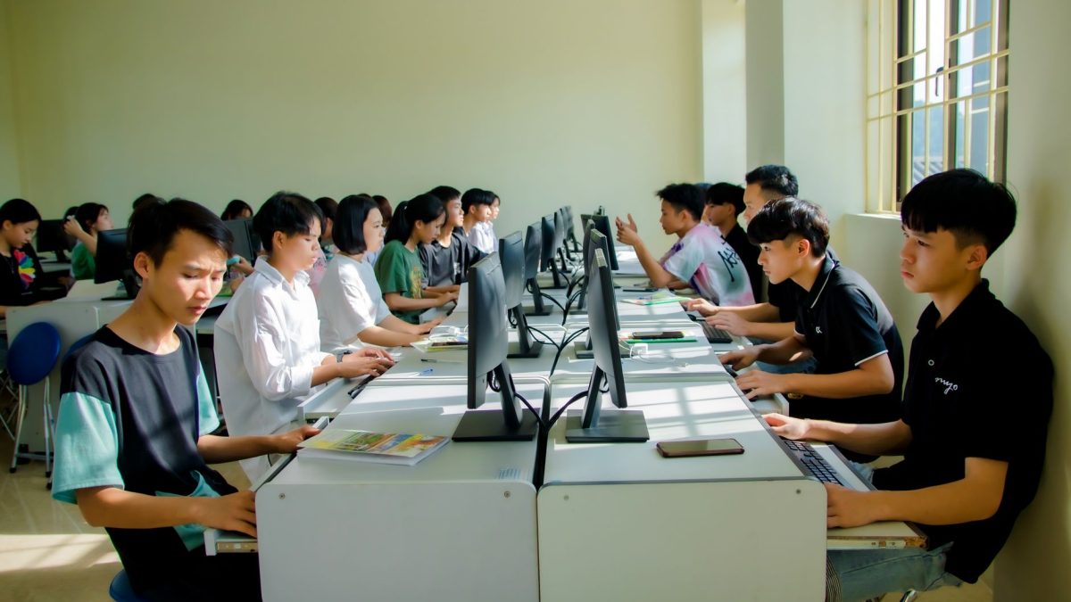 Estudantes participam de uma aula de computação e realizam atividades em computadores.