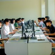 Estudantes participam de uma aula de computação e realizam atividades em computadores.
