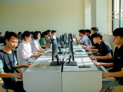 Estudantes participam de uma aula de computação e realizam atividades em computadores.