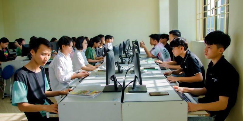 Estudantes participam de uma aula de computação e realizam atividades em computadores.