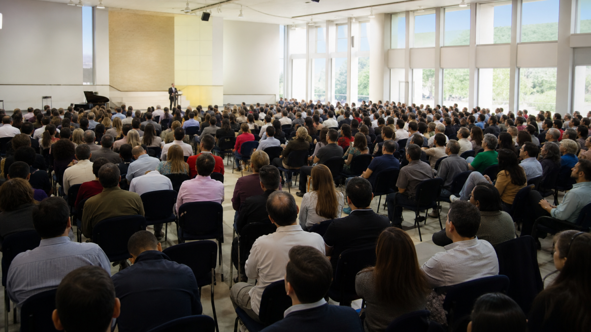 Representantes de uma igreja luterana reunidos em assembleia durante um concílio nacional